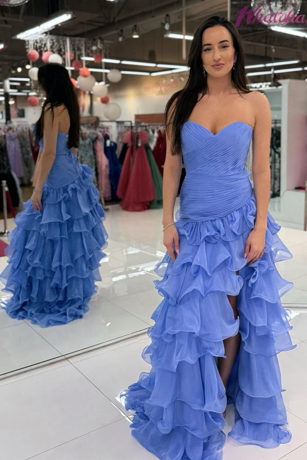 Mermaid Sweetheart Blue Long Prom Dress With Ruffles Formal Evening Gown