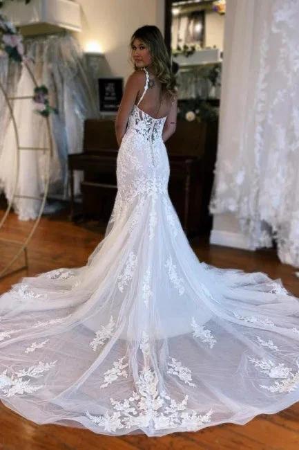 Mermaid Sweetheart Floor-Length Straps Sleeveless Tulle Wedding Dress with Appliques (ZD16483)