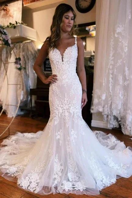 Mermaid Sweetheart Floor-Length Straps Sleeveless Tulle Wedding Dress with Appliques (ZD16483)