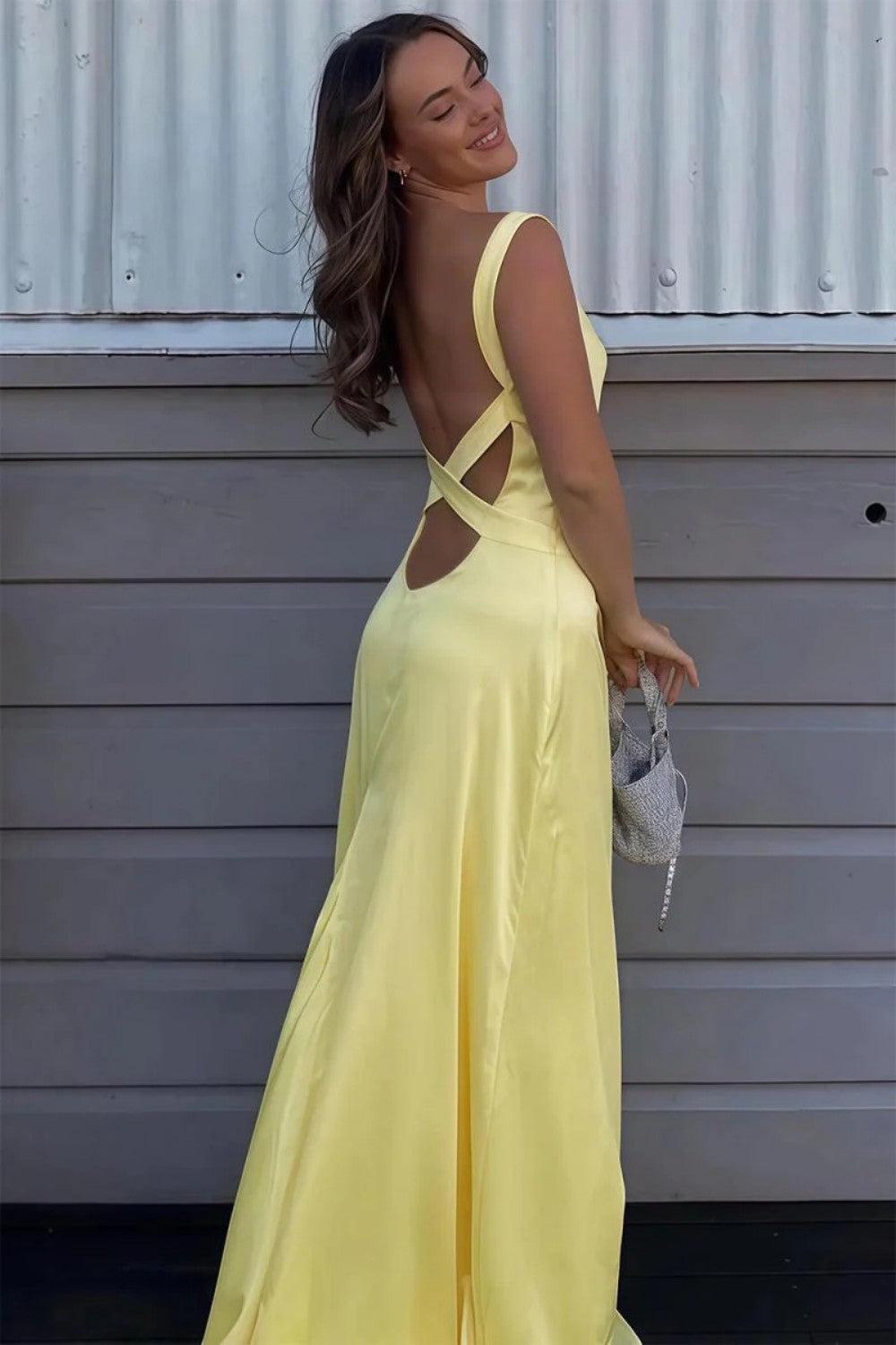 Mermaid V Neck Yellow Long Prom Dress With Criss Cross Back Formal Evening Gown