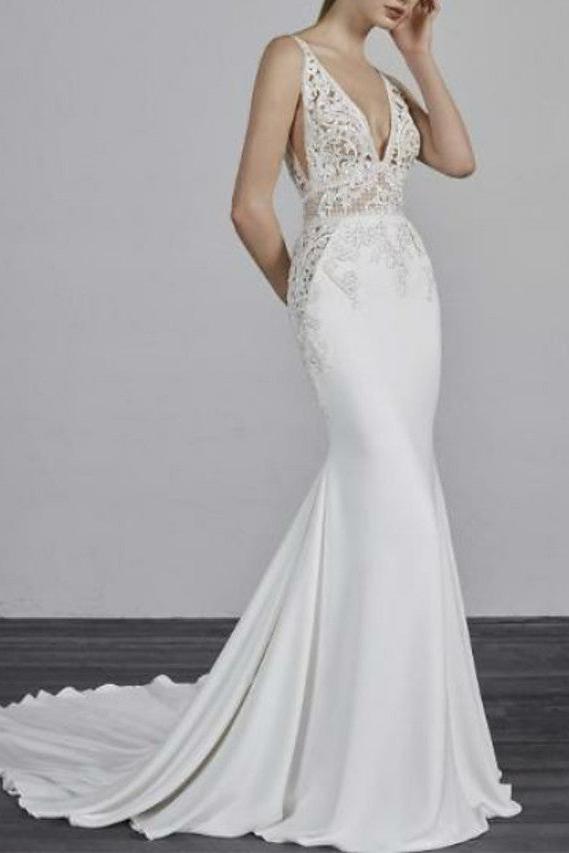 Mermaid Wedding Dress V-neck Satin Spaghetti Strap Bridal Gowns with Court Train
