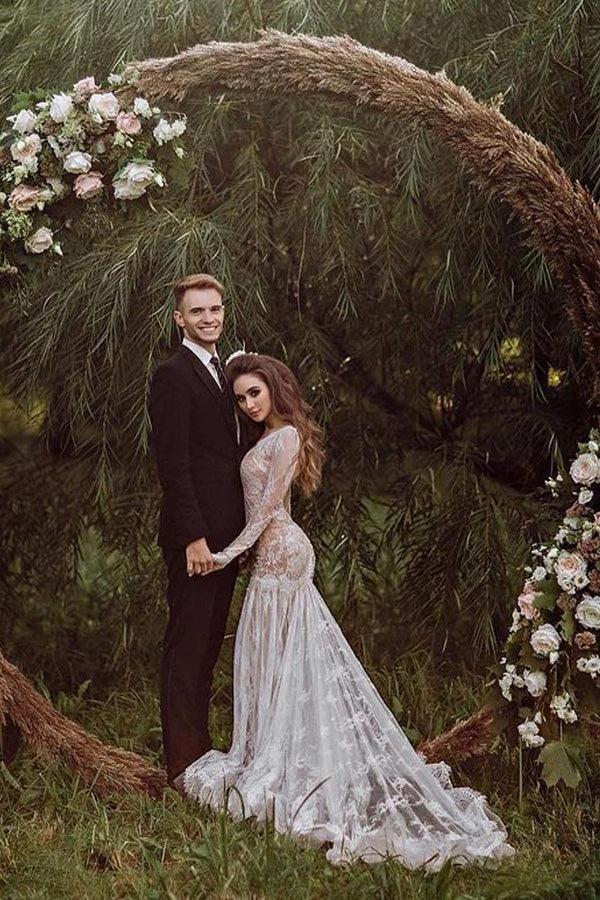 Mermaid Backless Long sleeves Lace Bohemian Wedding Dresses WD733 by pgmdress