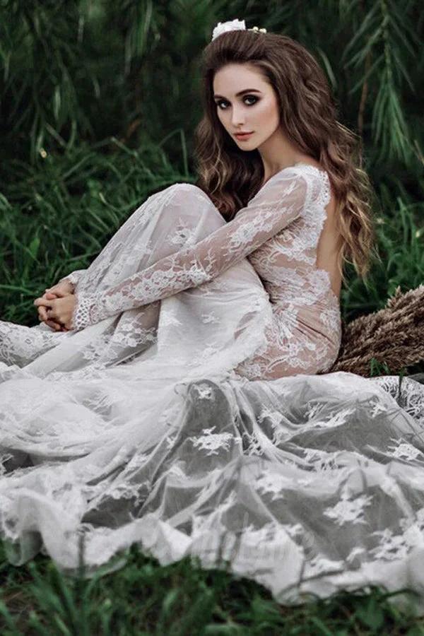 Mermaid Backless Long sleeves Lace Bohemian Wedding Dresses (ZD16092)