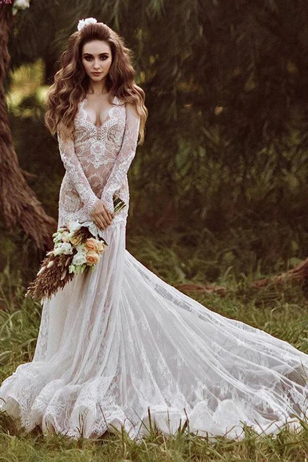 Mermaid Backless Long sleeves Lace Bohemian Wedding Dresses (ZD16092)