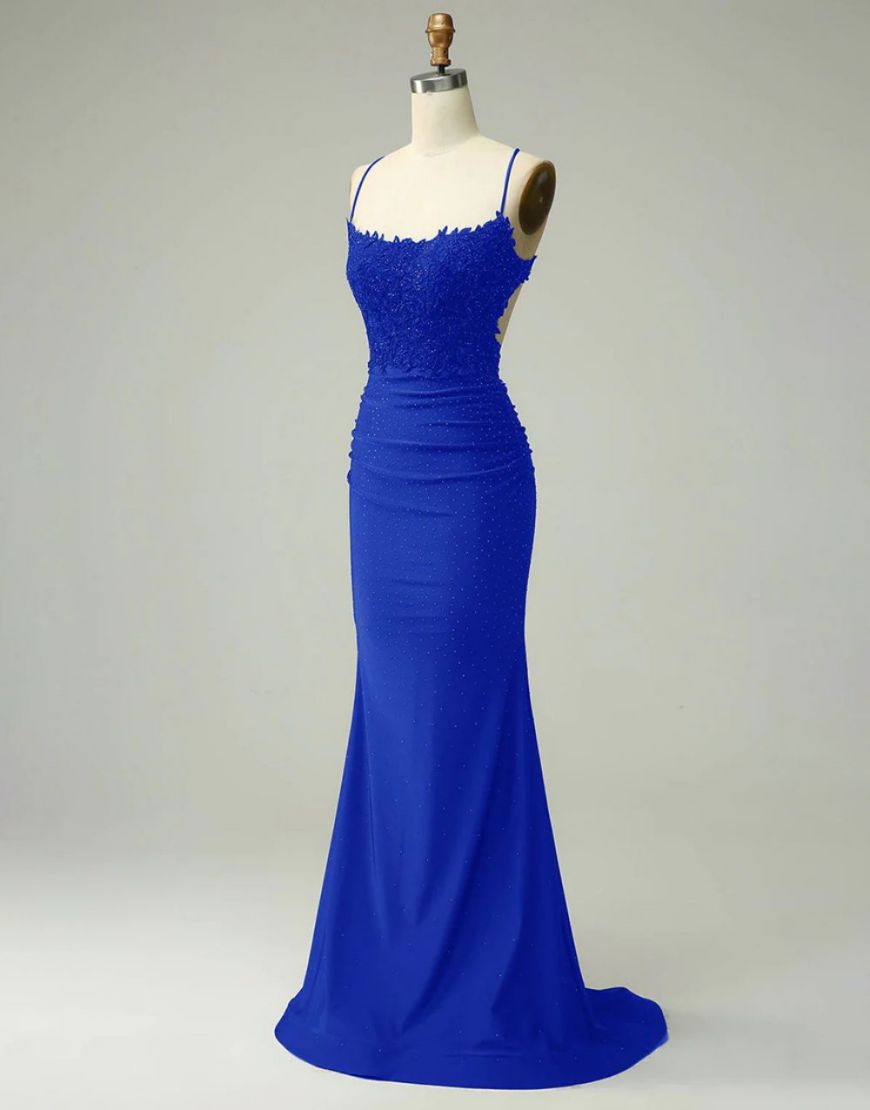 Mermaid Elastic Satin Spaghetti Straps Prom Dress - View 12 | VelvetHem