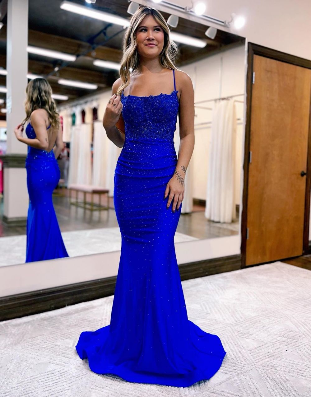 Mermaid Elastic Satin Spaghetti Straps Prom Dress - View 7 | VelvetHem