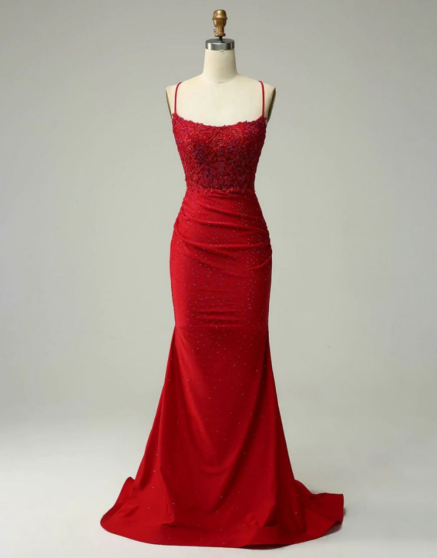 Mermaid Elastic Satin Spaghetti Straps Prom Dress - View 13 | VelvetHem