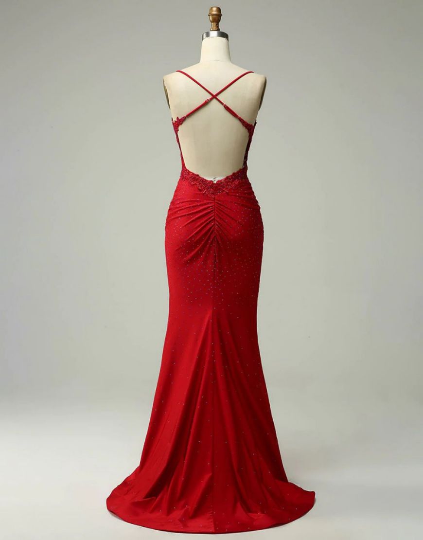 Mermaid Elastic Satin Spaghetti Straps Prom Dress - View 14 | VelvetHem