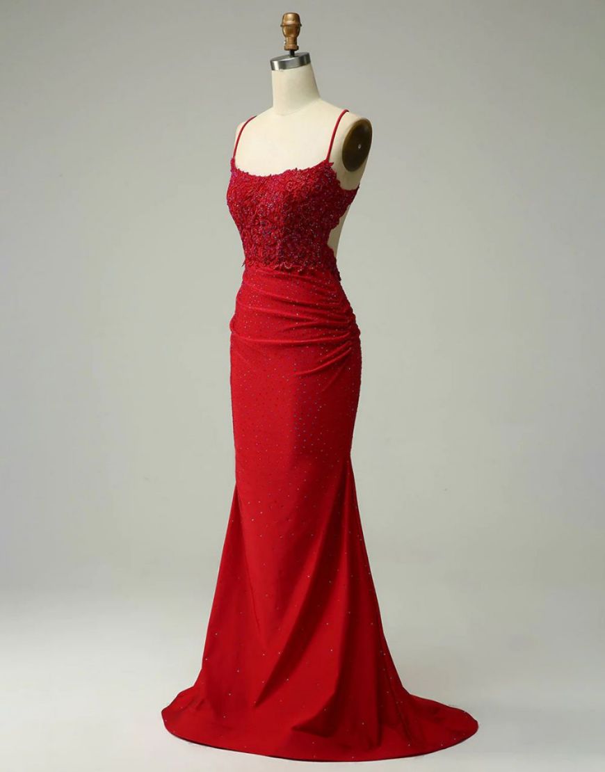 Mermaid Elastic Satin Spaghetti Straps Prom Dress - View 15 | VelvetHem