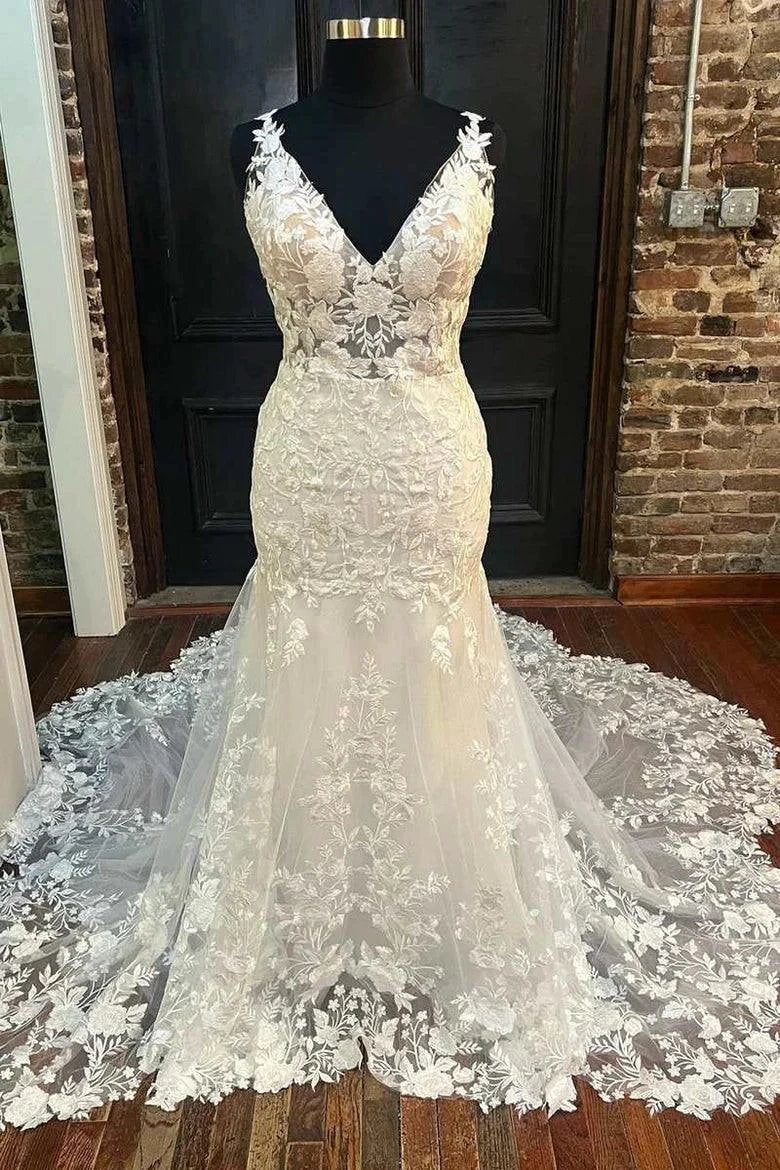 Mermaid Ivory Floral Lace V-Neck  Long Wedding Dress Bridal Gown (ZD16189)