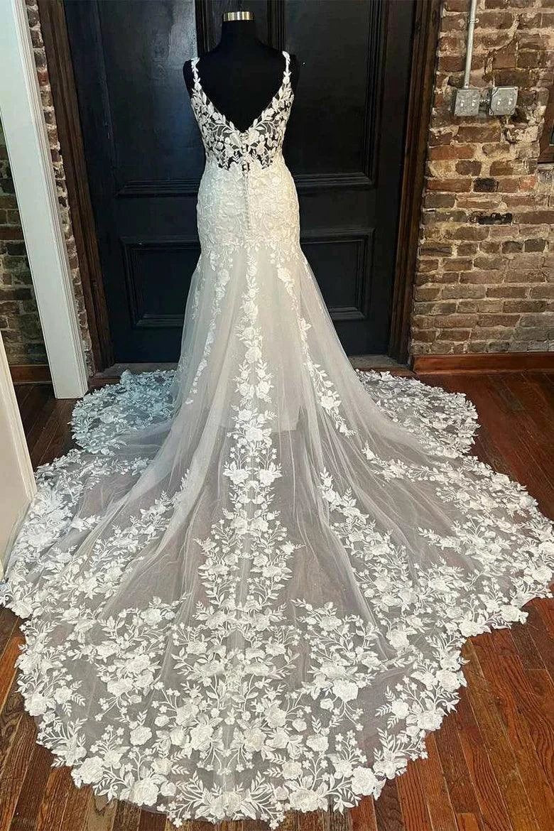 Mermaid Ivory Floral Lace V-Neck  Long Wedding Dress Bridal Gown (ZD16189)