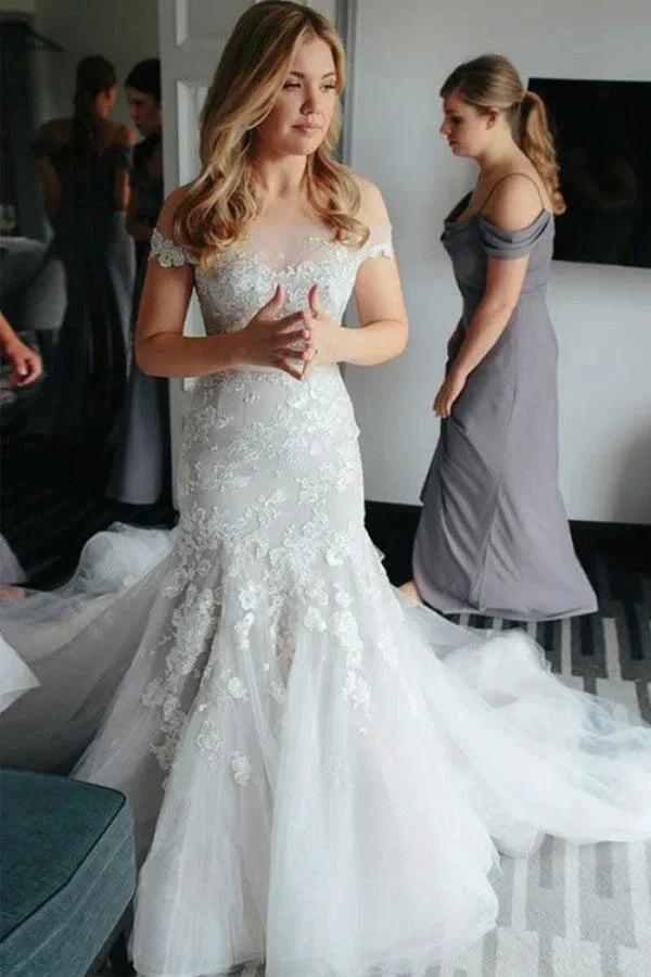 Mermaid Off-the-Shoulder Court Train Tulle Wedding Dress with Appliques (ZD15446) - VelvetHem