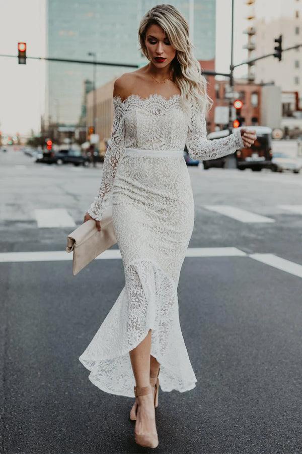 Mermaid Off-the-Shoulder High Low Lace Wedding Dress with Long Sleeves (ZD16371)