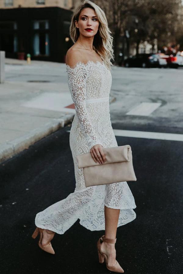 Mermaid Off-the-Shoulder High Low Lace Wedding Dress with Long Sleeves (ZD16371)