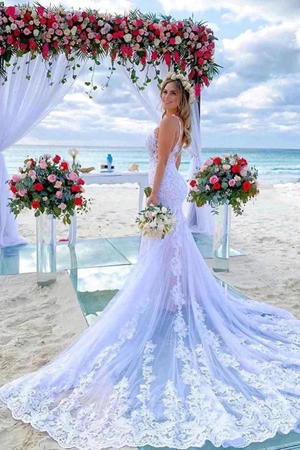 Mermaid Spaghetti Straps Lace Wedding Dress Beach Bridal Gown (ZD16174)