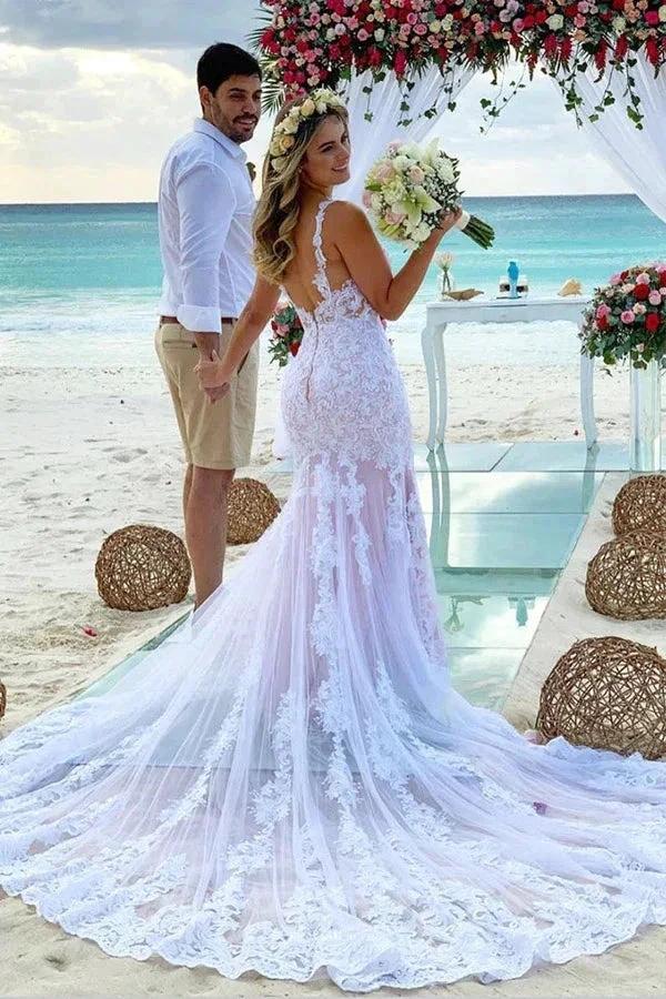 Mermaid Spaghetti Straps Lace Wedding Dress Beach Bridal Gown (ZD16174)
