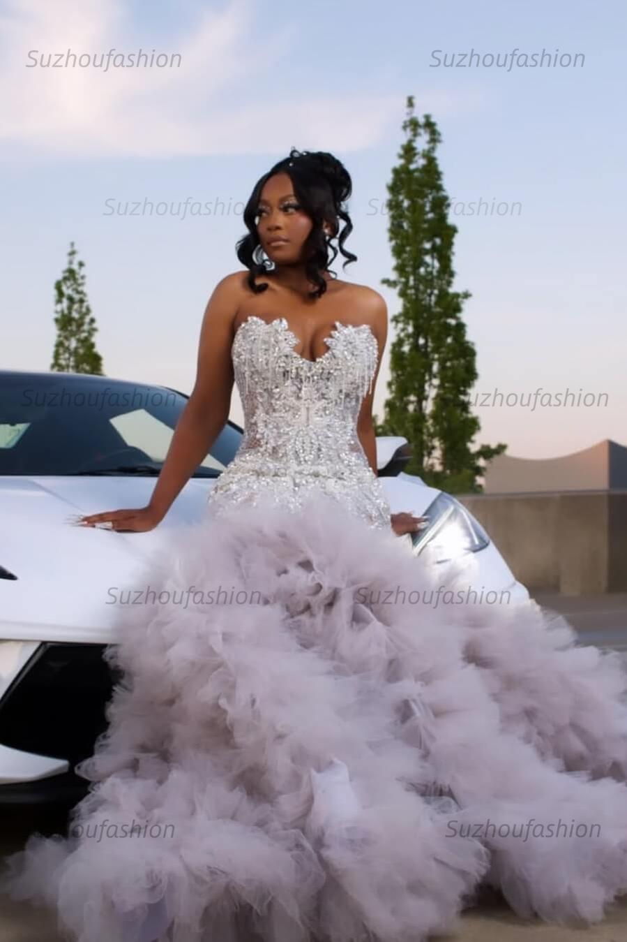 Mermaid Sweetheart Prom Dress Ruffled Sleeveless Formal Evening Gown with Rhinestones and Beadings