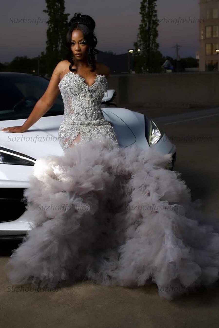 Mermaid Sweetheart Prom Dress Ruffled Sleeveless Formal Evening Gown with Rhinestones and Beadings