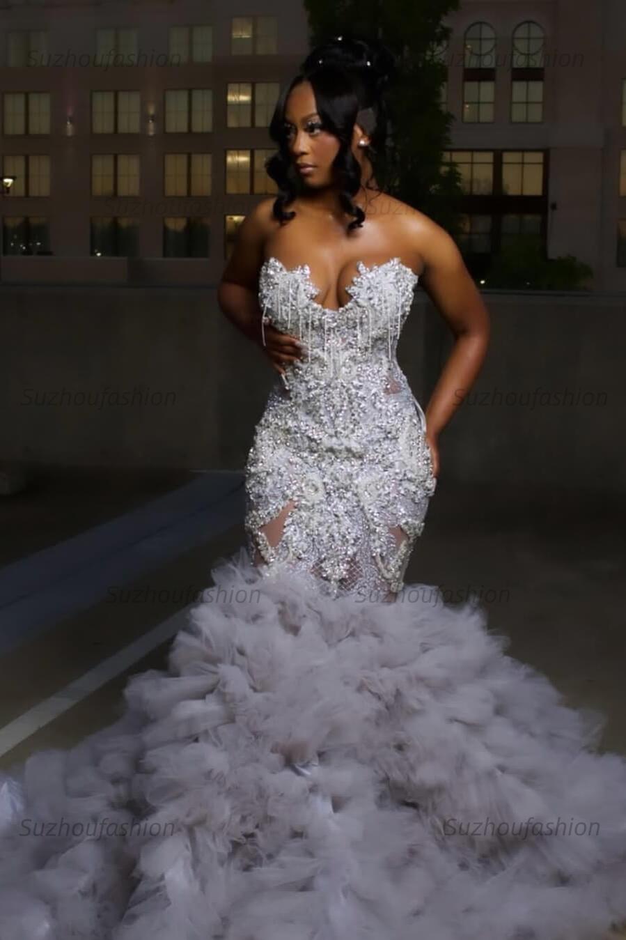 Mermaid Sweetheart Prom Dress Ruffled Sleeveless Formal Evening Gown with Rhinestones and Beadings