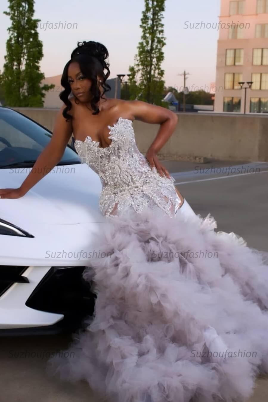 Mermaid Sweetheart Prom Dress Ruffled Sleeveless Formal Evening Gown with Rhinestones and Beadings