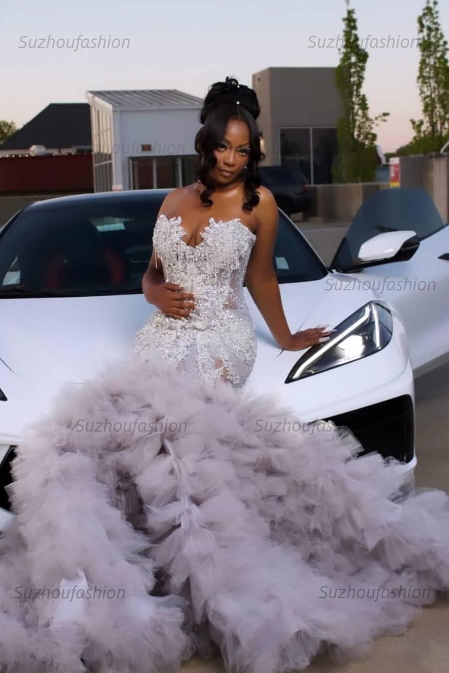 Mermaid Sweetheart Prom Dress Ruffled Sleeveless Formal Evening Gown with Rhinestones and Beadings