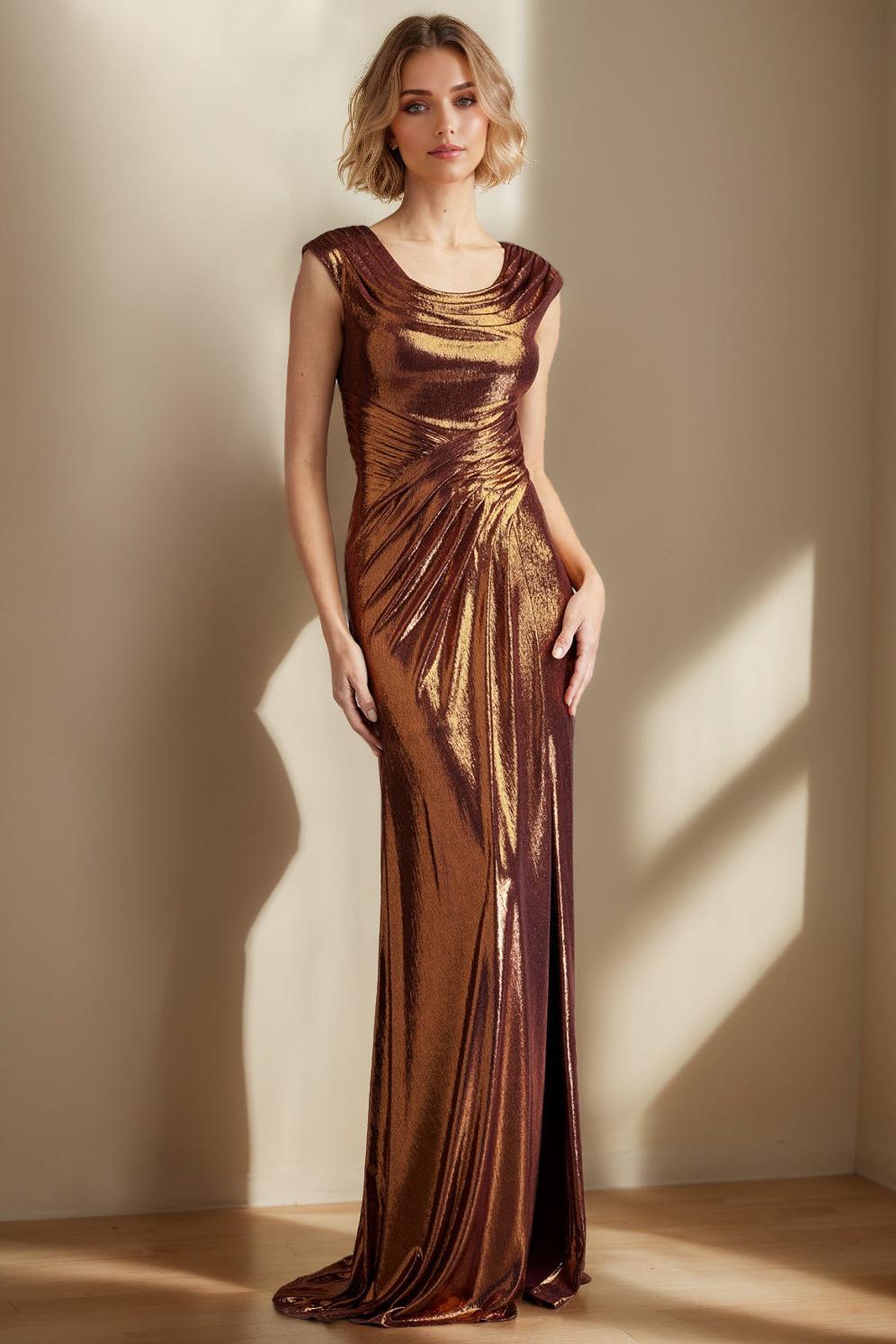 Mermaid Trumpet Sleeveless Long Mother of the Bride Dress with Scoop Neck Ruffles & Side Split