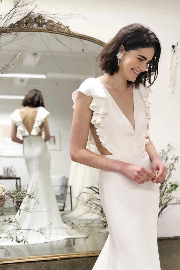 Mermaid V-Neck Cap Sleeves Wedding Dress with Ruffles (ZD16082) - VelvetHem