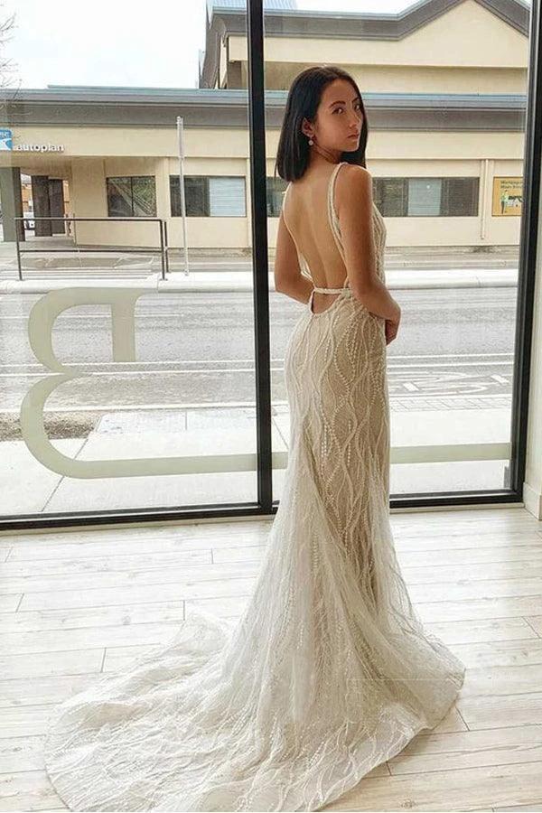 Mermaid V Neck  Lace Wedding Dresses Backless Bridal Gown (ZD16206)