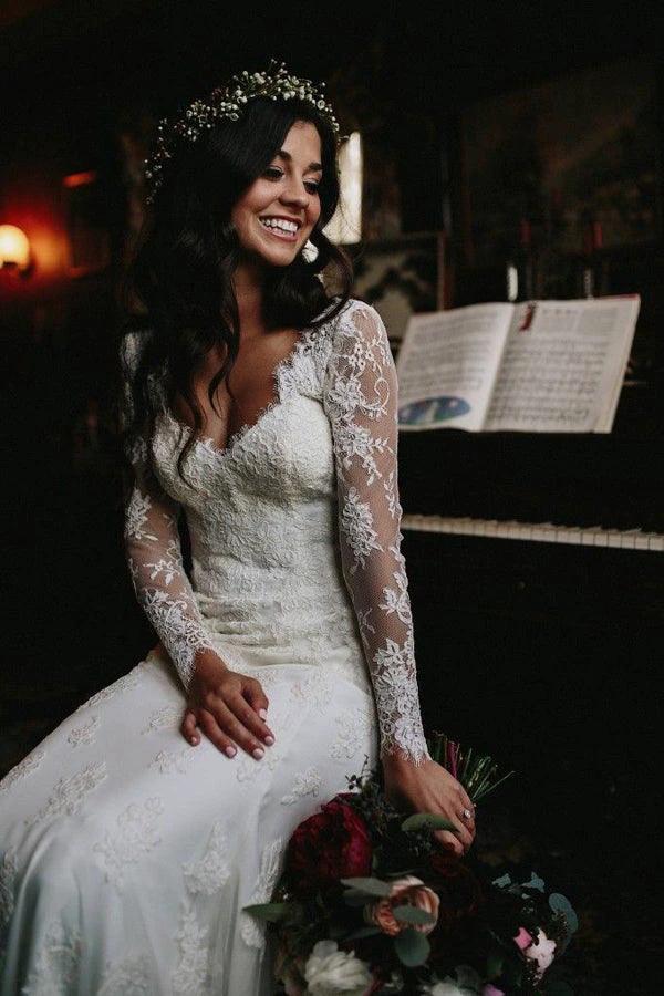 Mermaid V Neck Wedding Dress Long Sleeve Lace Bridal Gown (ZD16195)