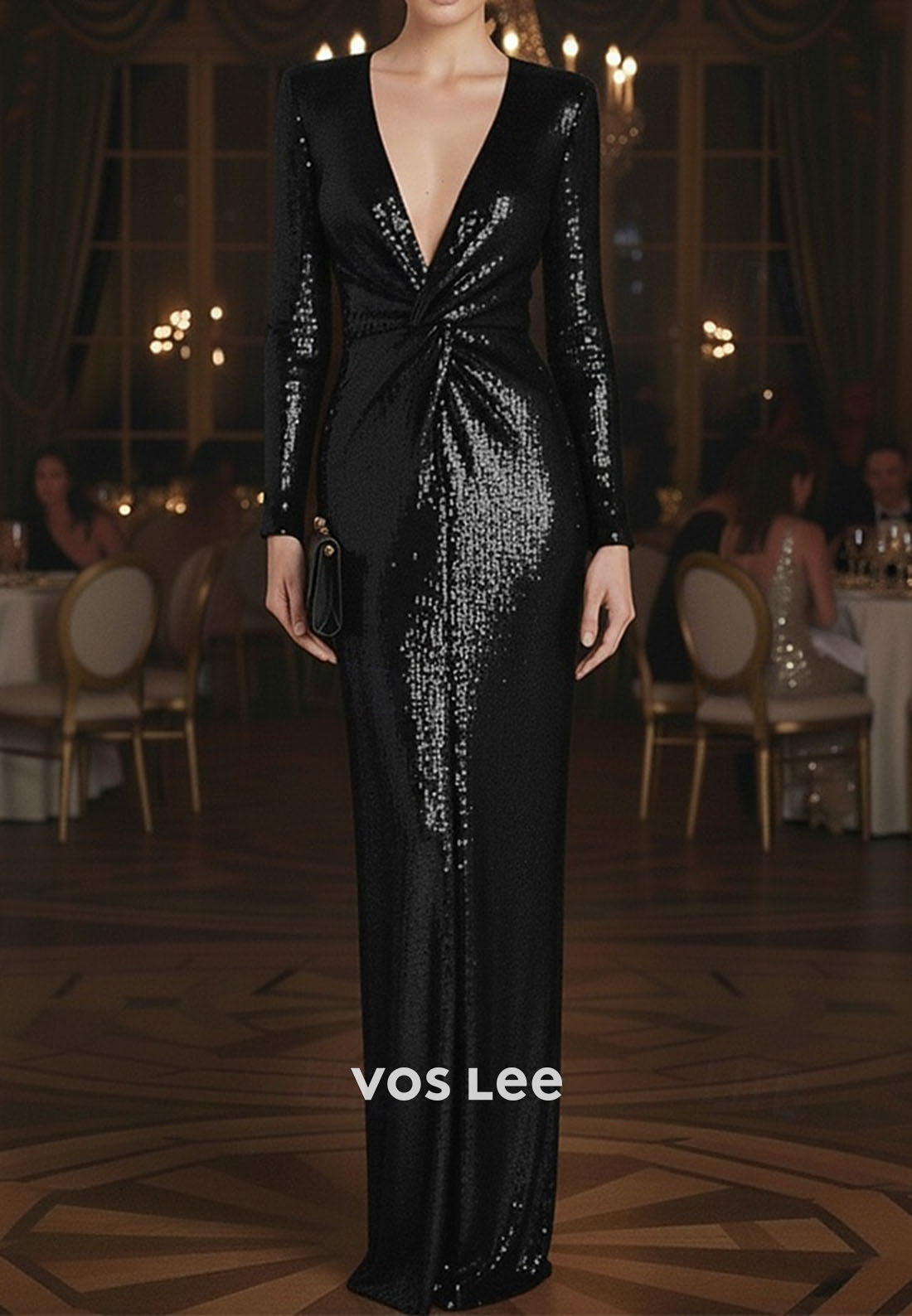 Sequins V Neck Long Sleeve Mermaid Pleat Long Evening Gowns