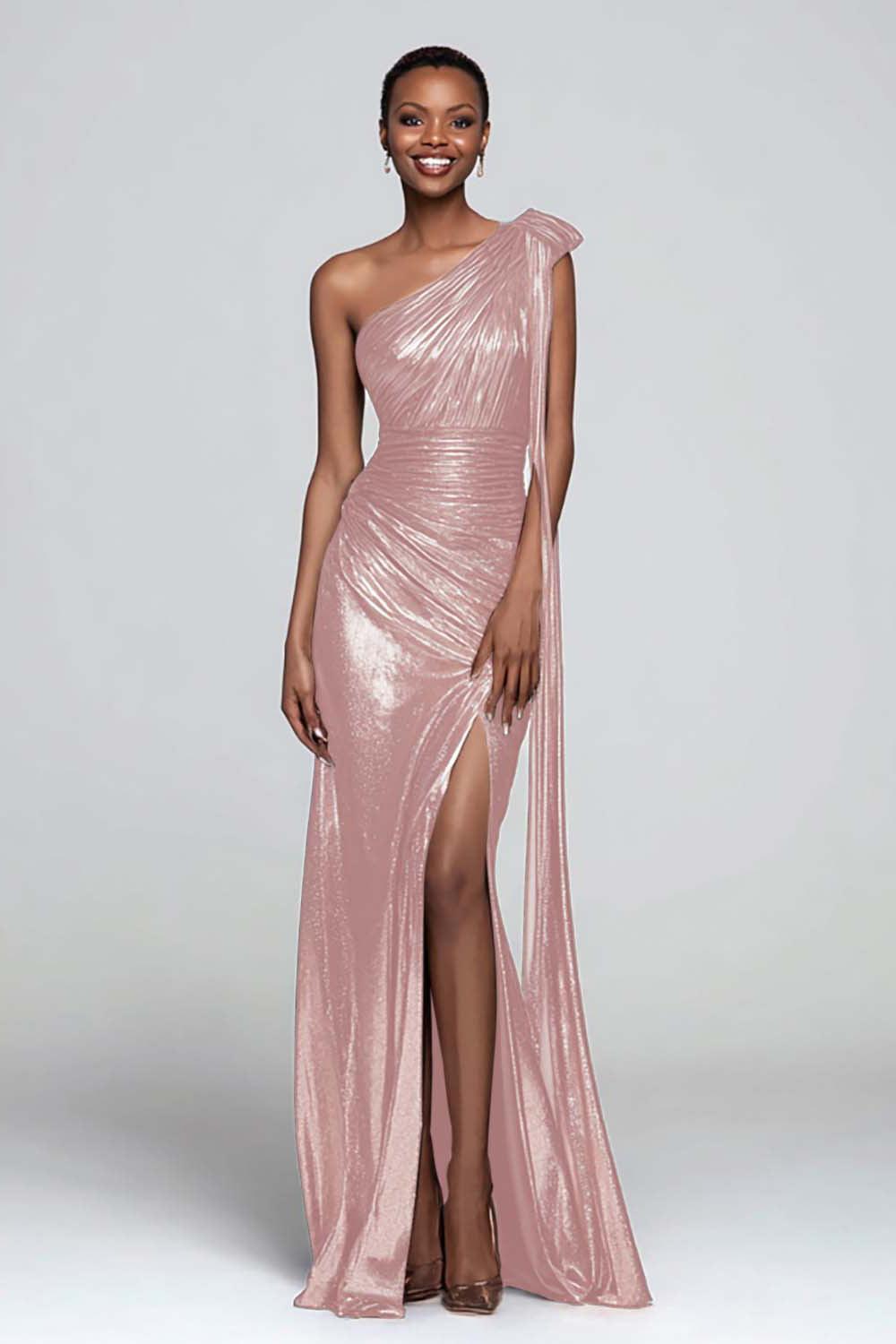Suzhoufashion Metallic Brown One Shoulder Long Mermaid Prom Dress With Slit