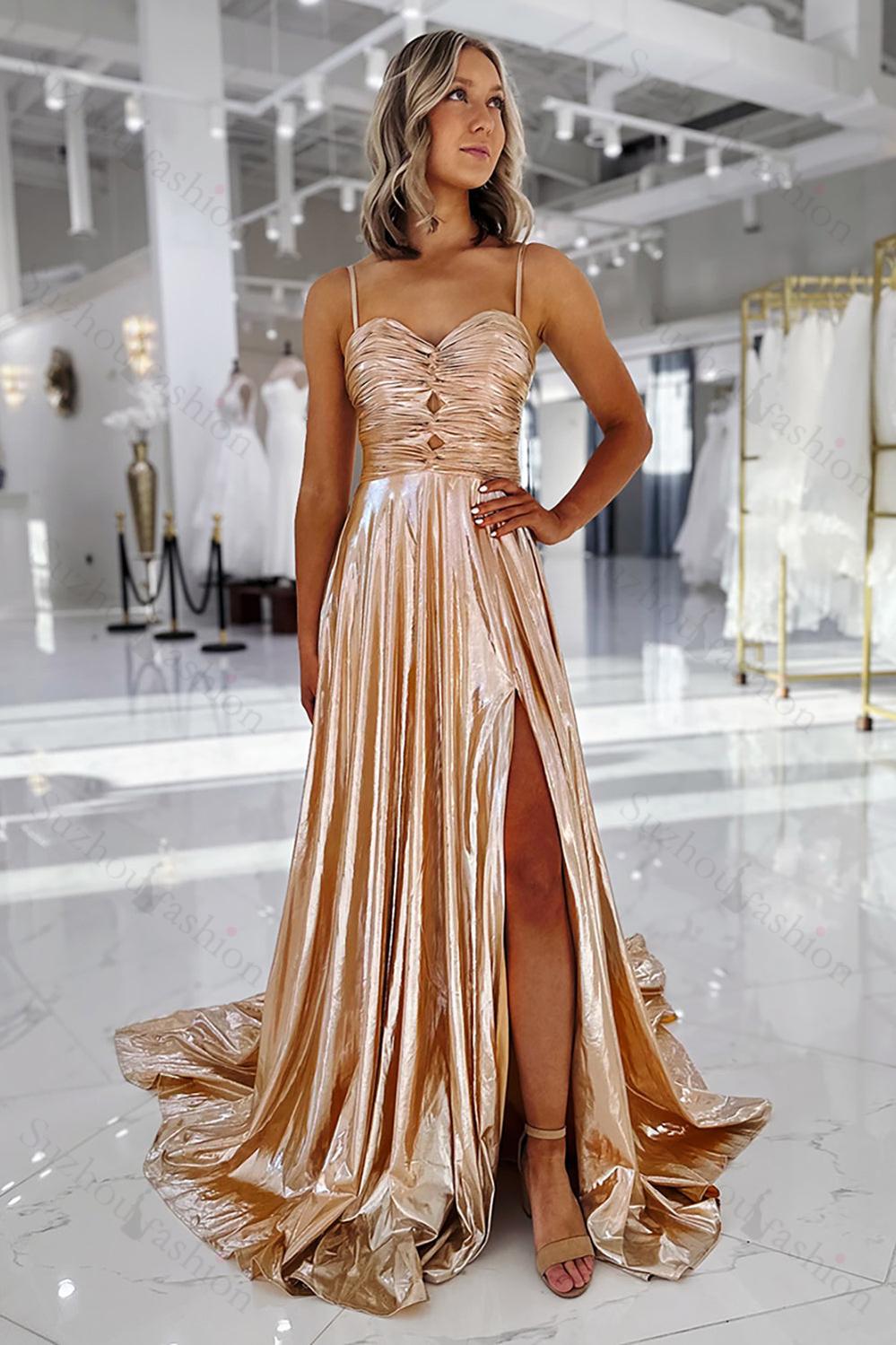 Metallic Champagne Prom Dress A Line Spaghetti Straps Formal Dress With Slit