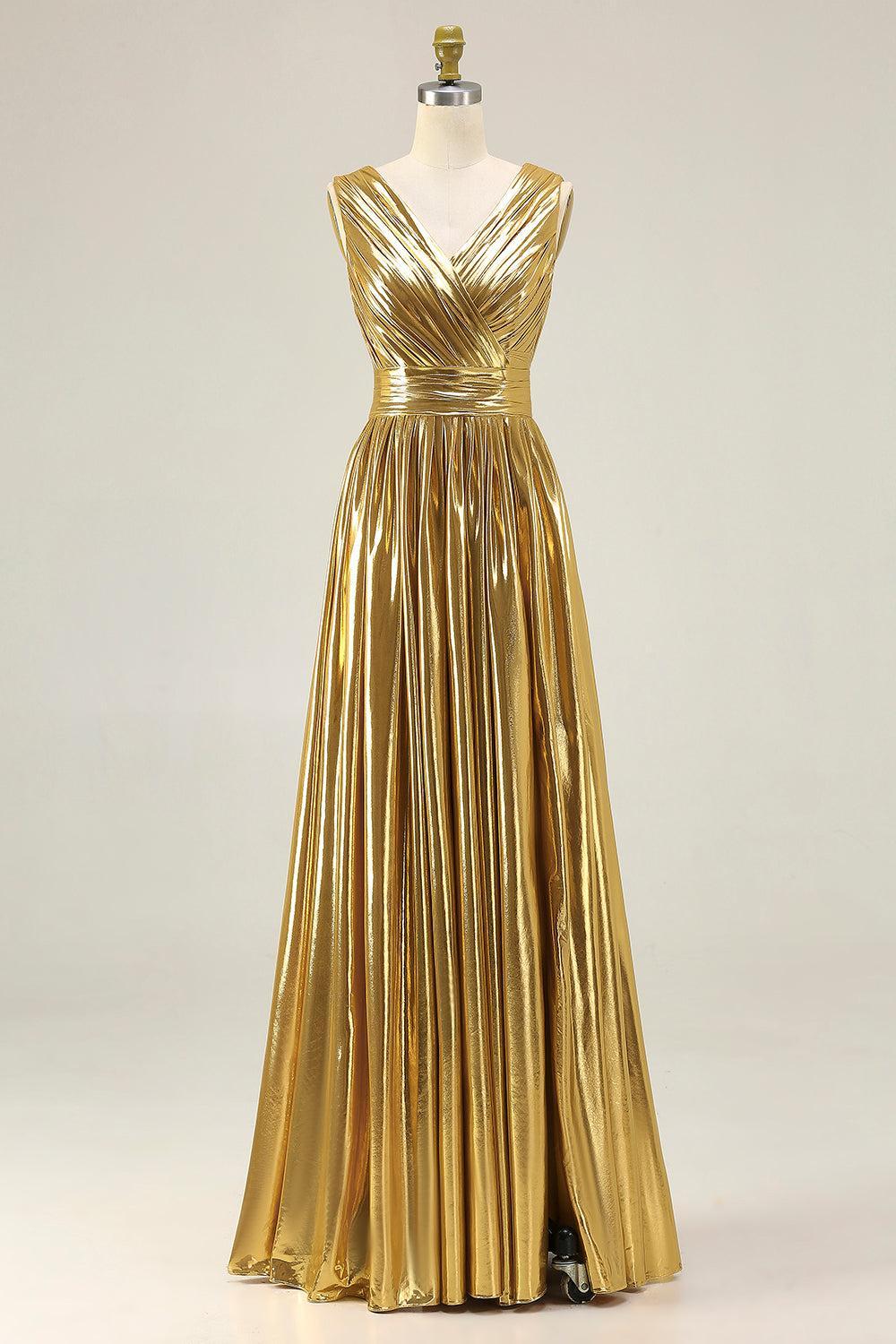 Suzhoufashion Metallic Gold Ruched V-Neck A-Line Long Prom Dress With Slit