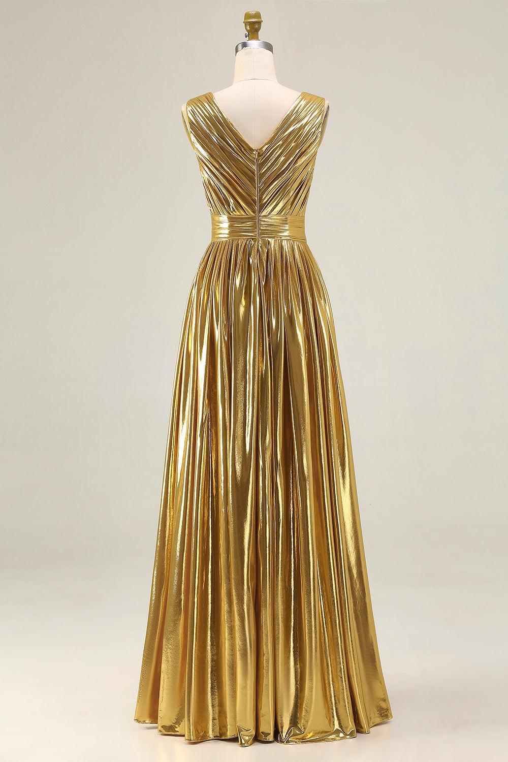 Suzhoufashion Metallic Gold Ruched V-Neck A-Line Long Prom Dress With Slit