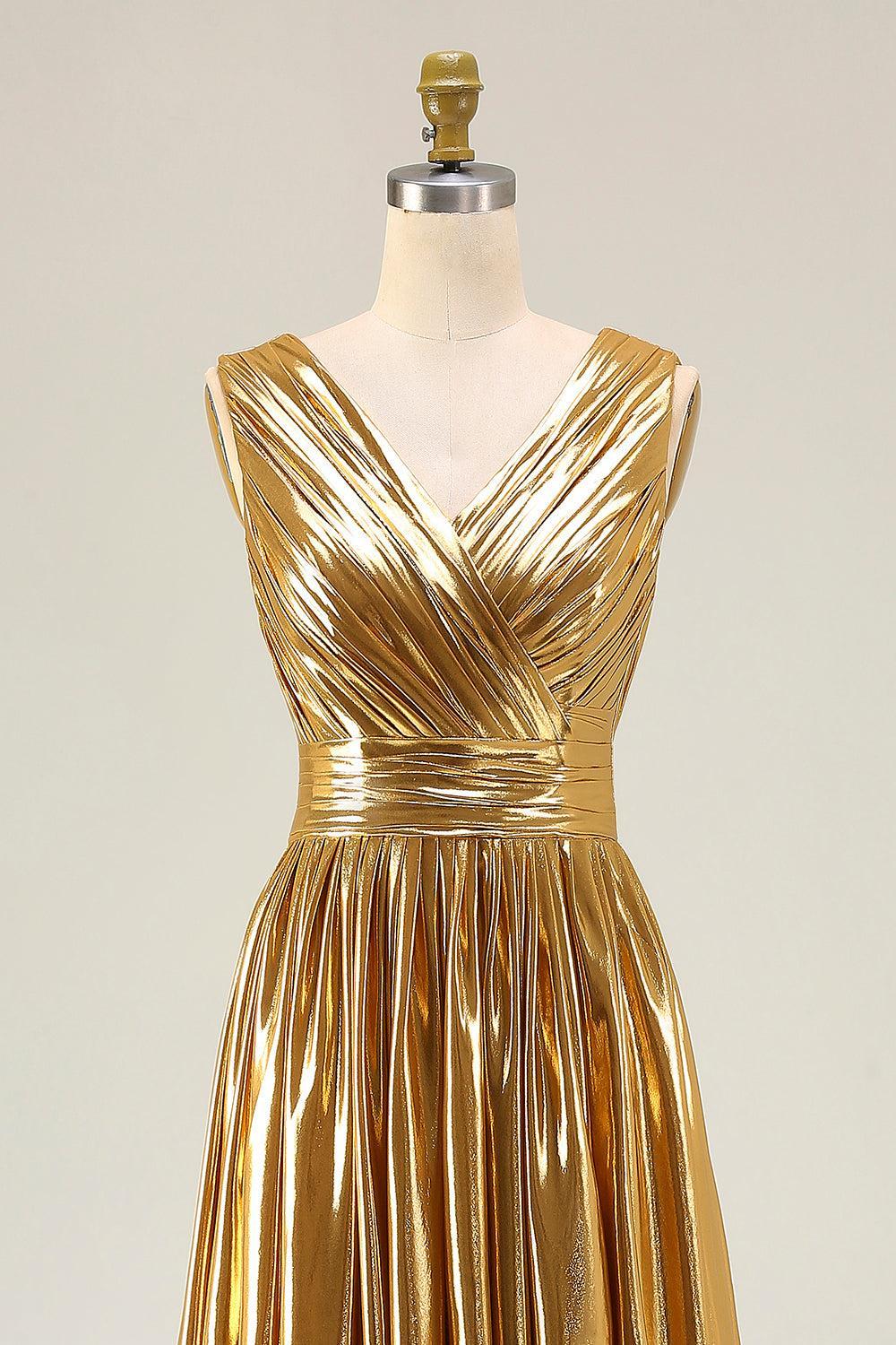 Suzhoufashion Metallic Gold Ruched V-Neck A-Line Long Prom Dress With Slit