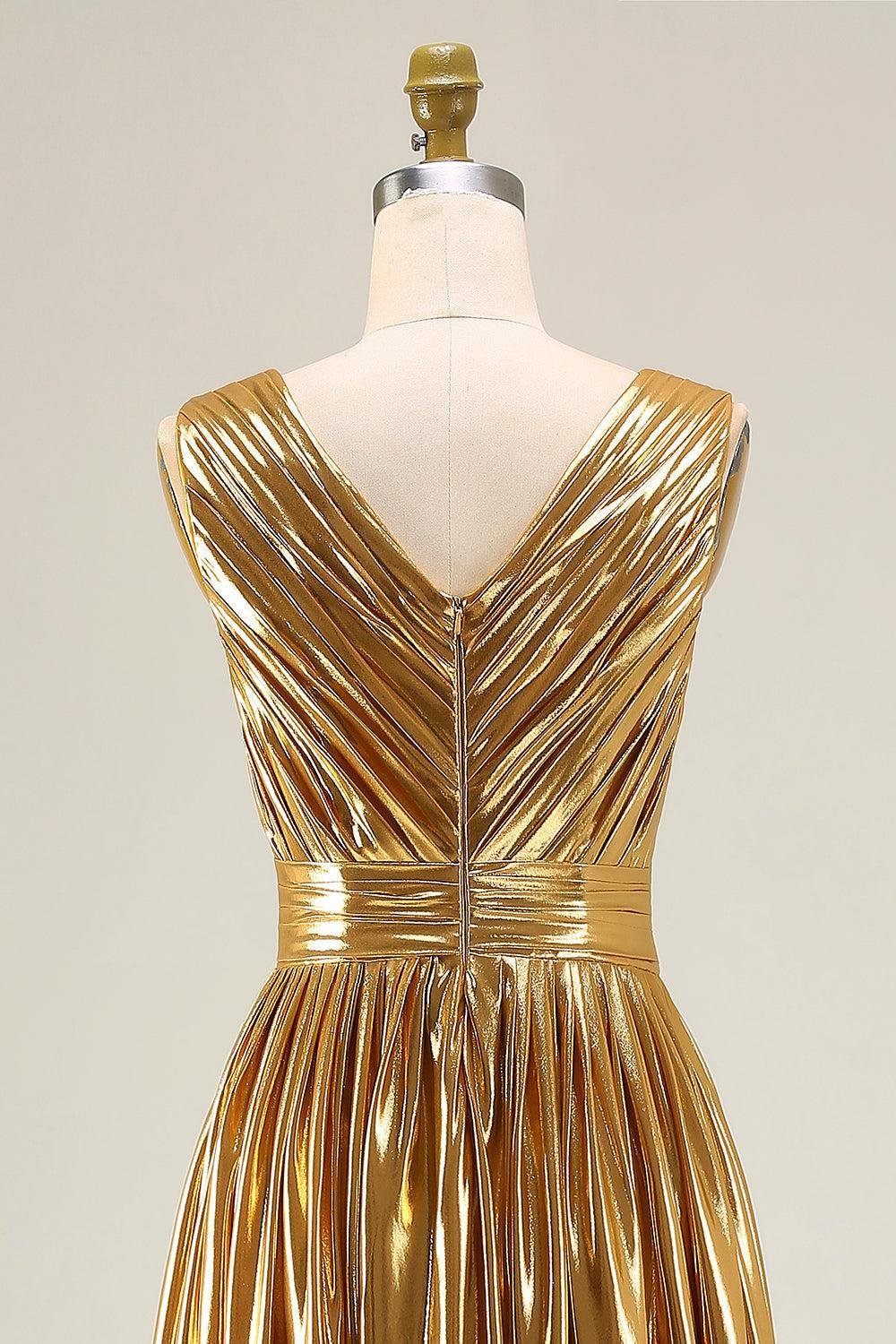 Suzhoufashion Metallic Gold Ruched V-Neck A-Line Long Prom Dress With Slit