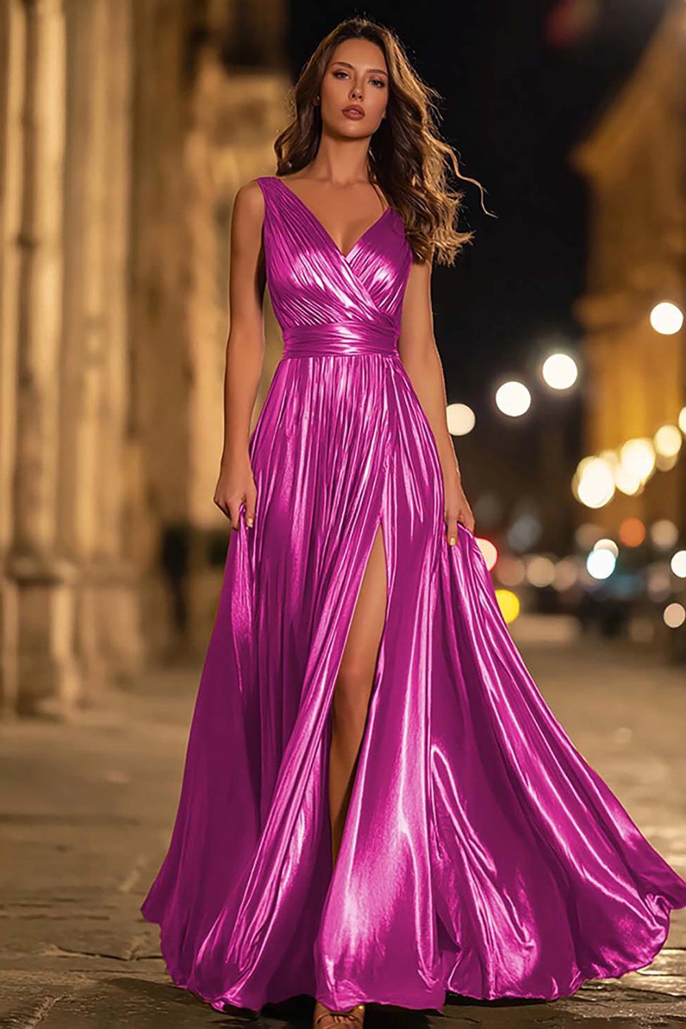 Suzhoufashion Metallic Gold Ruched V-Neck A-Line Long Prom Dress With Slit