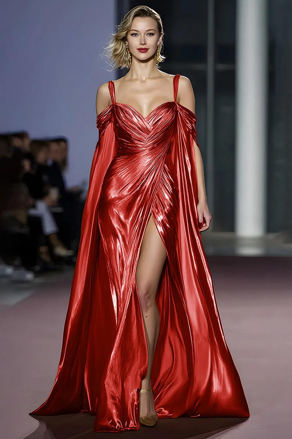 Suzhoufashion Metallic Golden Cold Shoulder Long Gala Dress With Slit