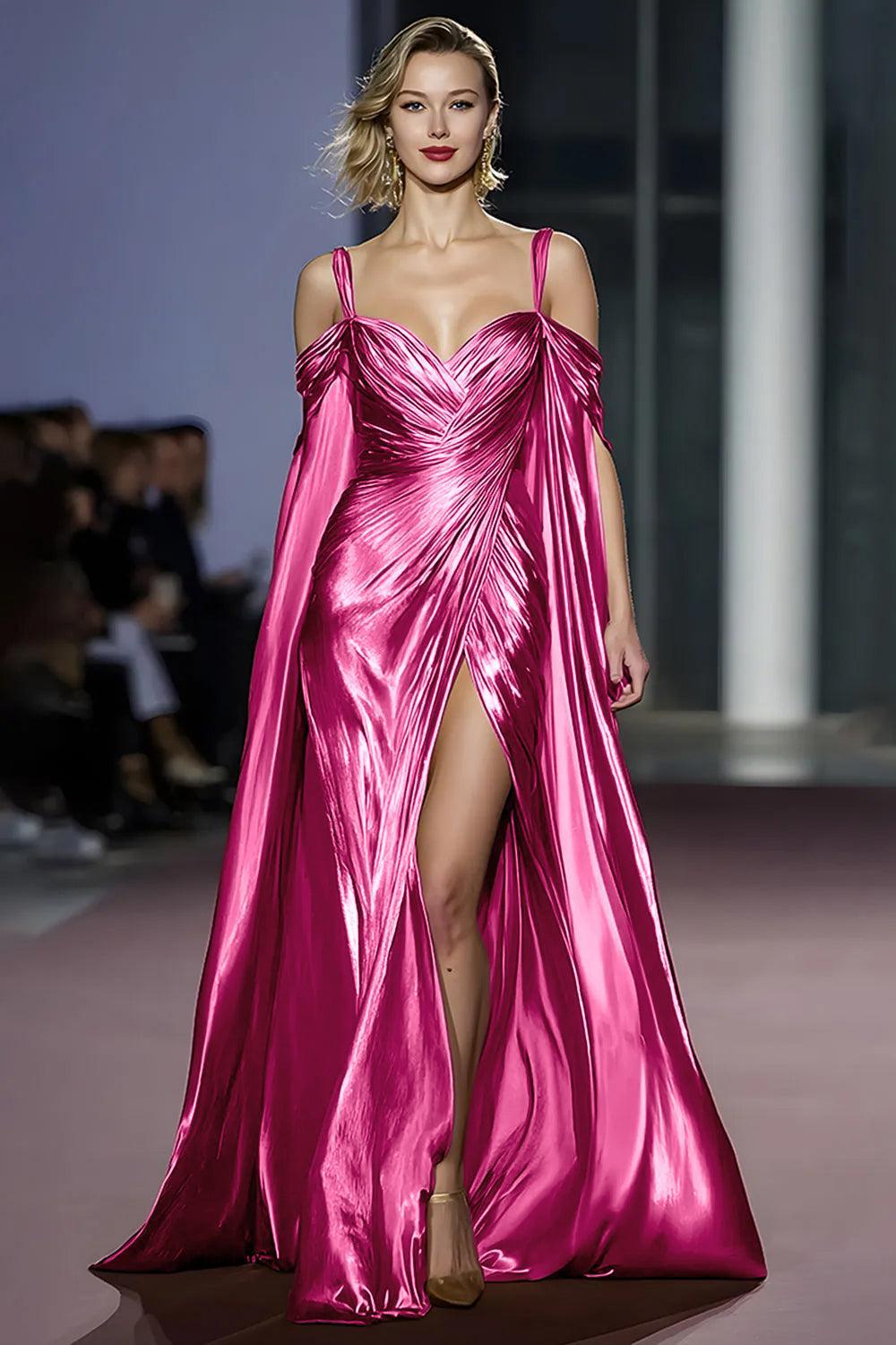 Suzhoufashion Metallic Golden Cold Shoulder Long Gala Dress With Slit