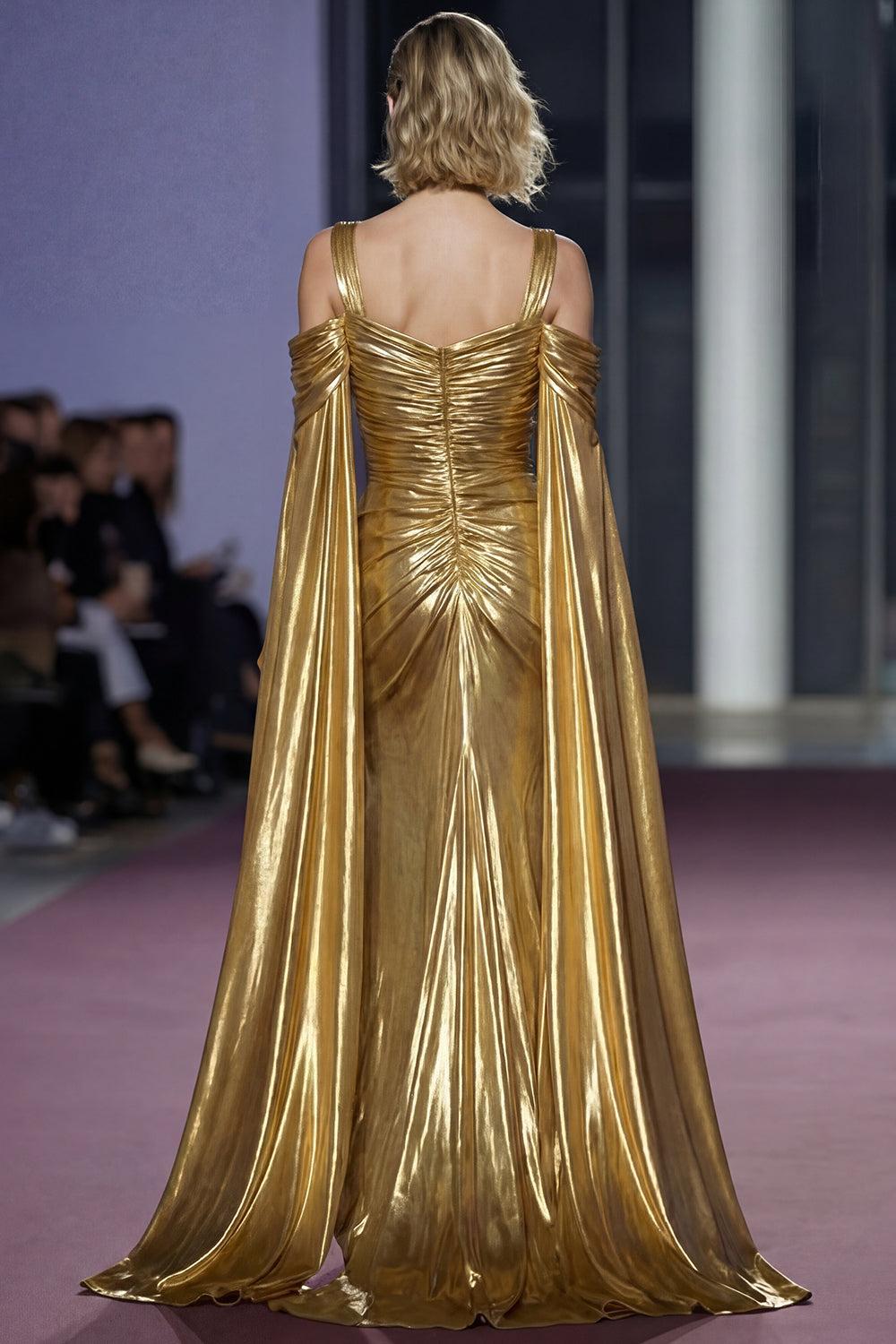Suzhoufashion Metallic Golden Cold Shoulder Long Gala Dress With Slit