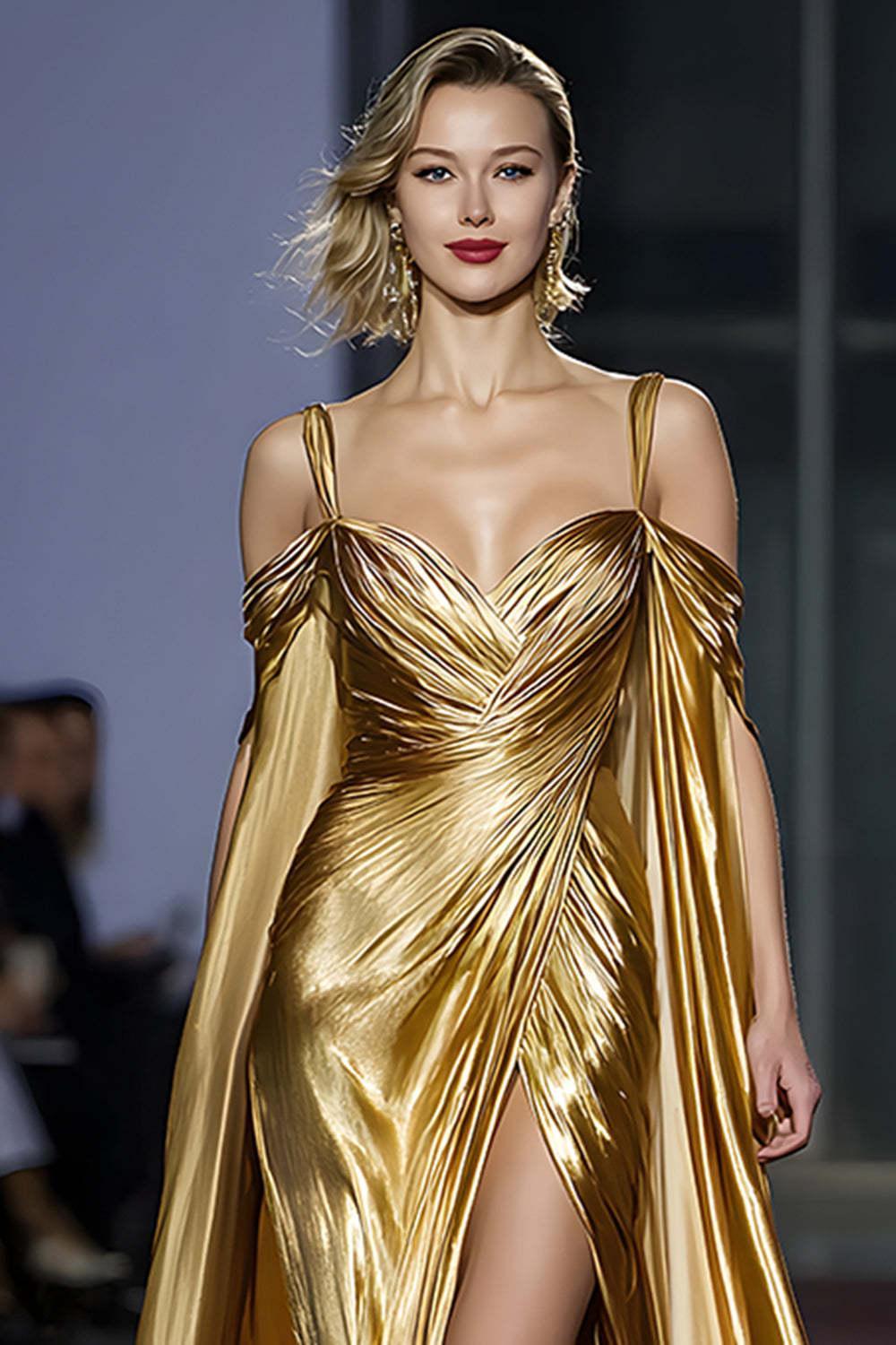 Suzhoufashion Metallic Golden Cold Shoulder Long Gala Dress With Slit