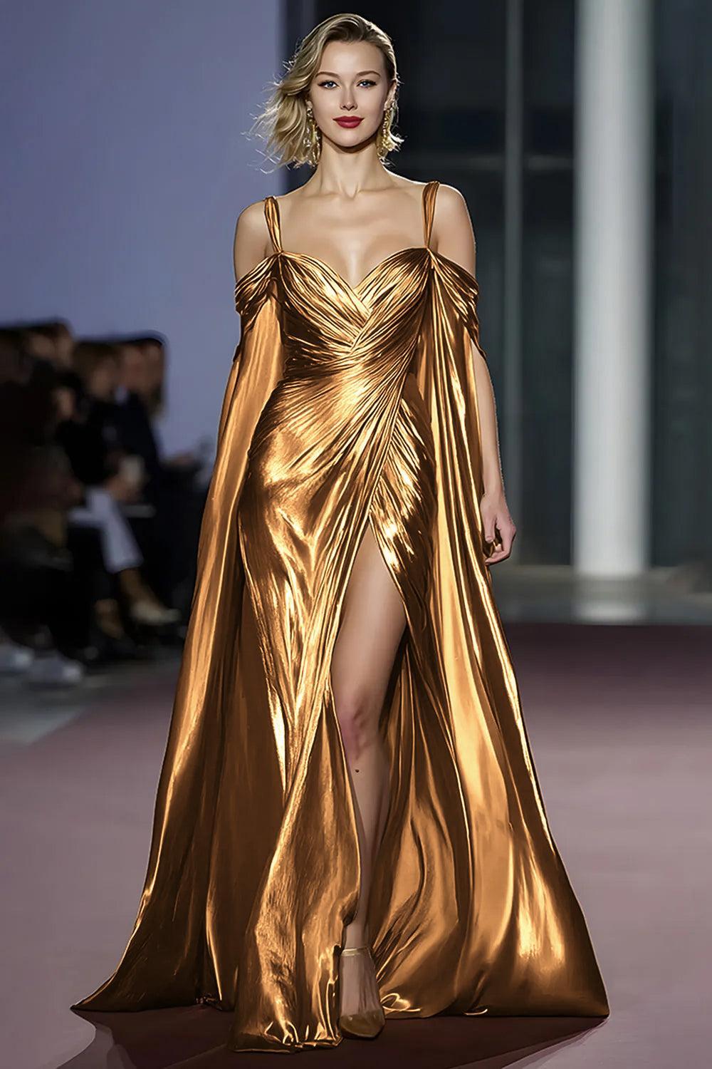 Suzhoufashion Metallic Golden Cold Shoulder Long Gala Dress With Slit