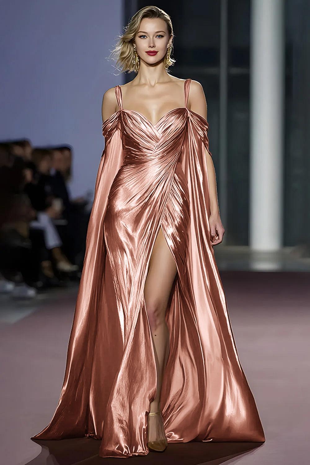 Suzhoufashion Metallic Golden Cold Shoulder Long Gala Dress With Slit