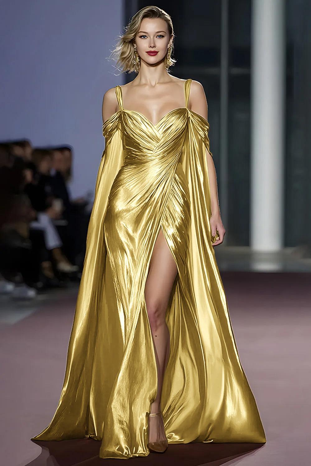 Suzhoufashion Metallic Golden Cold Shoulder Long Gala Dress With Slit