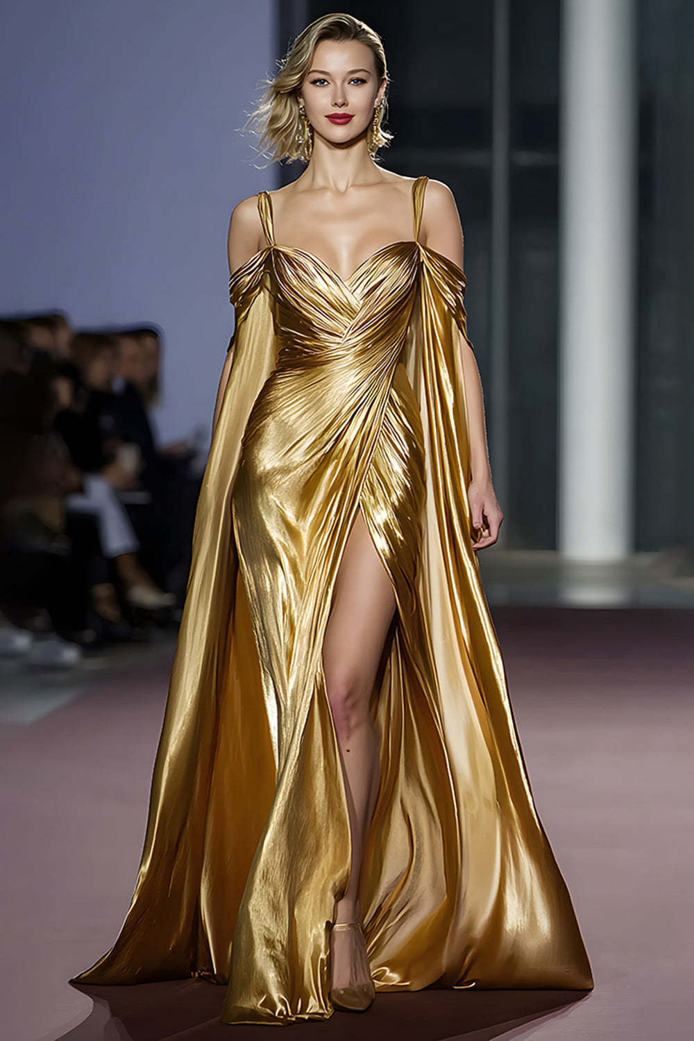 Suzhoufashion Metallic Golden Cold Shoulder Long Gala Dress With Slit