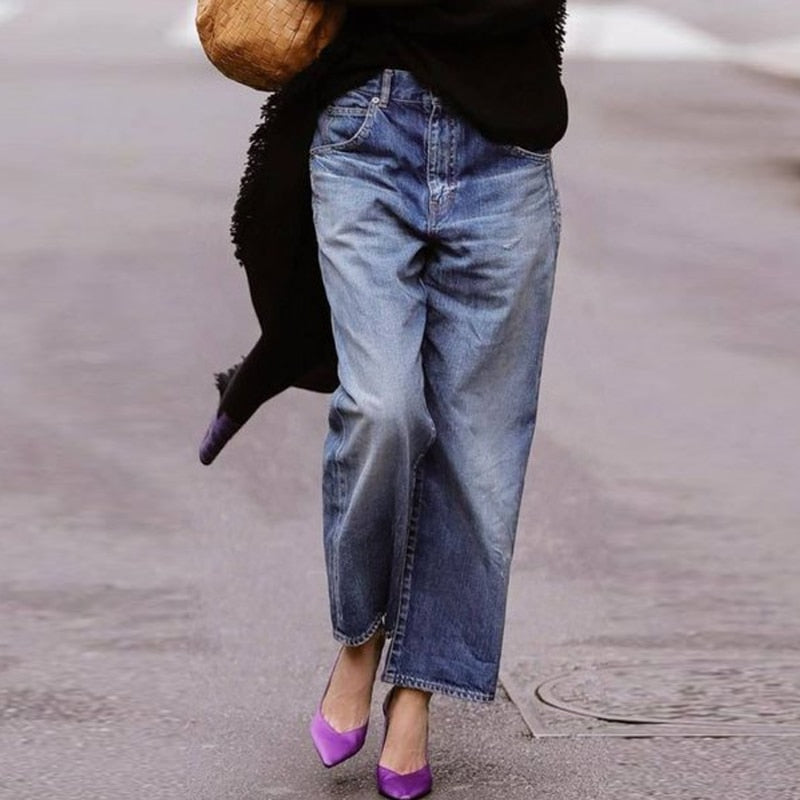 Midwaist Jeans Women's Retro Denim Wideleg Pants Loose Street Trousers Casual Washed Mother's Pants