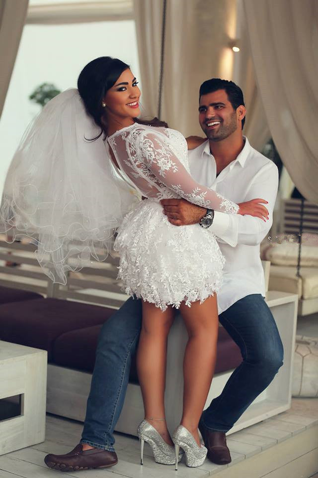Mini Long Sleeve Lace Beach Wedding Dresses Scoop A-Line Sexy Bridal Gowns