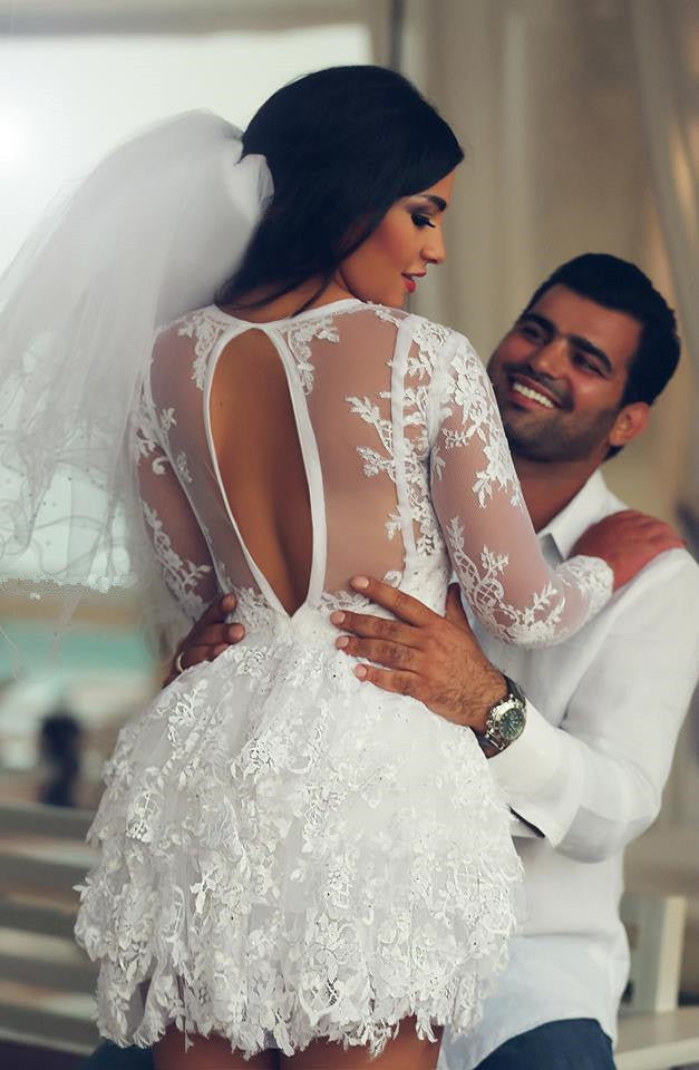 Mini Long Sleeve Lace Beach Wedding Dresses Scoop A-Line Sexy Bridal Gowns