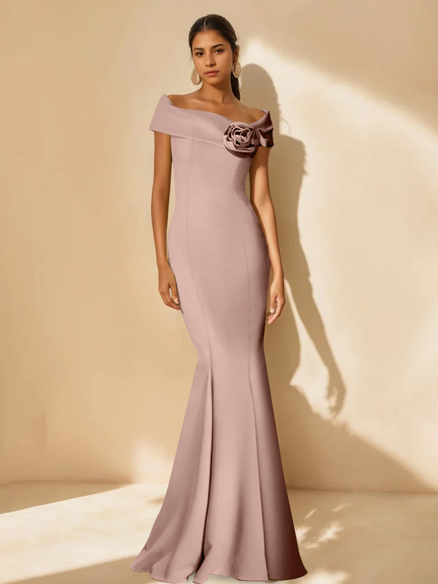 Minimalist Off the Shoulder Mother of the Bride Dress in Trumpet Mermaid Style with Detachable Flower