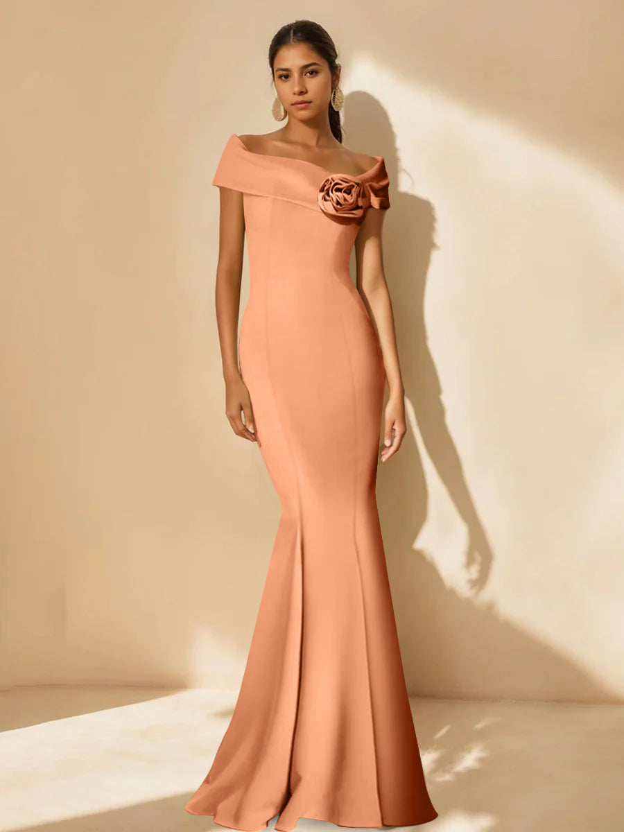 Minimalist Off the Shoulder Mother of the Bride Dress in Trumpet Mermaid Style with Detachable Flower